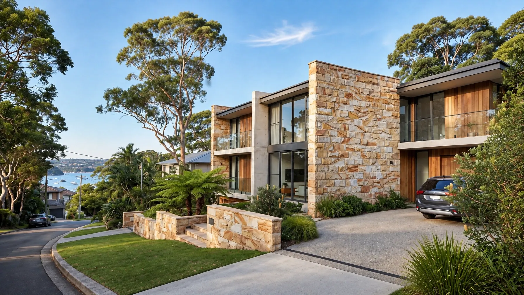 Contemporary Sydney home featuring extensive natural stone cladding and sandstone retaining walls